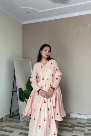 Women's Flared Peach Embroidered Kurta with Bottom & Dupatta – Graceful, Festive & Timeless