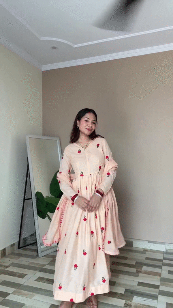 Women's Flared Peach Embroidered Kurta with Bottom & Dupatta – Graceful, Festive & Timeless