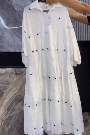 Self-Design Puff Sleeve Cotton Schiffli Tiered Maxi Dress