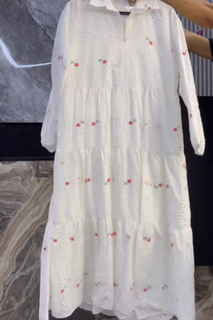 Self-Design Puff Sleeve Cotton Schiffli Tiered Maxi Dress