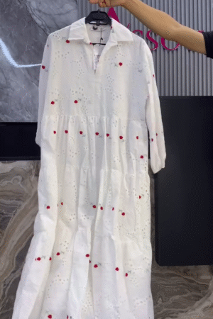 Self-Design Puff Sleeve Cotton Schiffli Tiered Maxi Dress