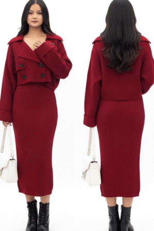 2-Piece Sweater Set – Casual Crop Top & Bodycon Skirt Outfit for Women