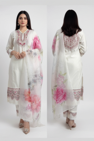 Ethnic Motifs Embroidered & Sequinned Pure Cotton Kurta with Palazzos & Dupatta – A Timeless Celebration of Elegance