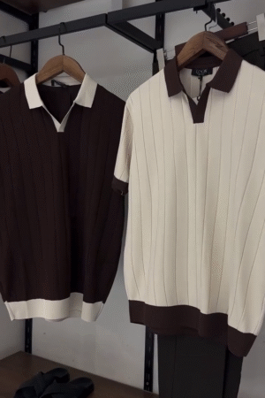 Textured Polo Collar Drop-Shoulder Pure Cotton T-Shirt – Modern Comfort, Effortless Style