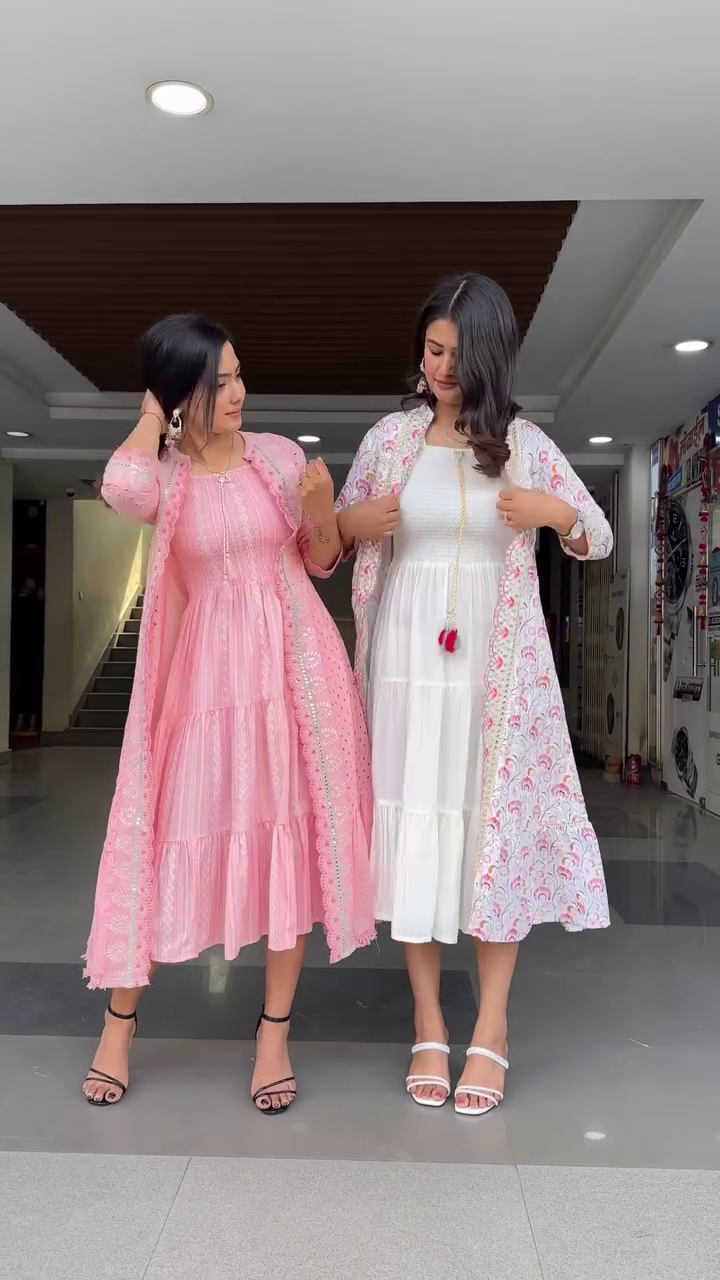 Pink Floral Embroidered Tiered Cotton Fit and Flare Midi Dress With Shrug - Image 11