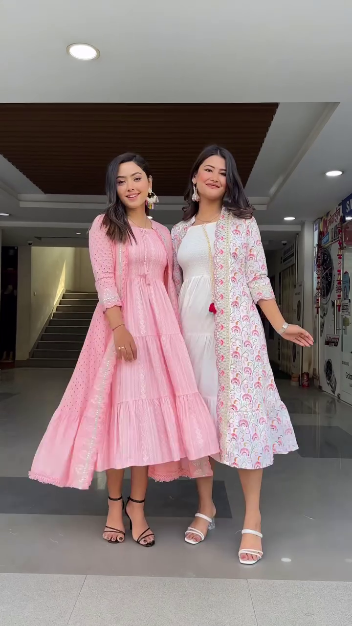 Pink Floral Embroidered Tiered Cotton Fit and Flare Midi Dress With Shrug - Image 4
