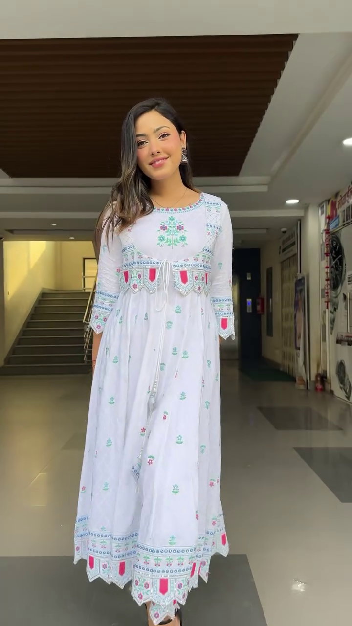 Dresser Women's Floral Embriodered Work Anarkali Kurta With Pant and Dupatta - Image 3