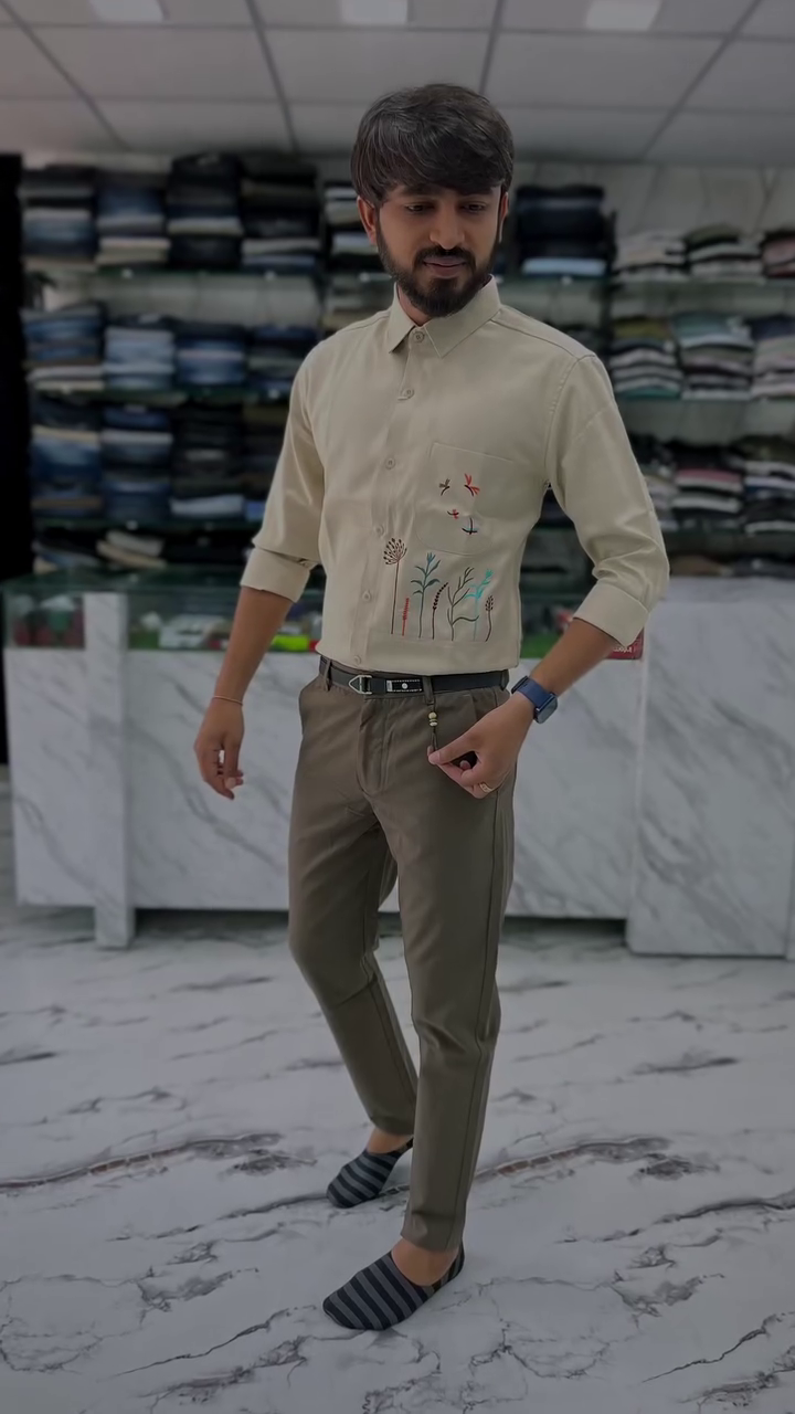 Men's Cotton Floral Embroidered Casual Shirt